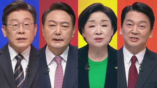 (왼쪽부터) 이재명 더불어민주당 대선후보, 윤석열 국민의힘 대선후보, 심상정 정의당 대선후보, 안철수 국민의당 대선후보. <국회사진공동취재단>